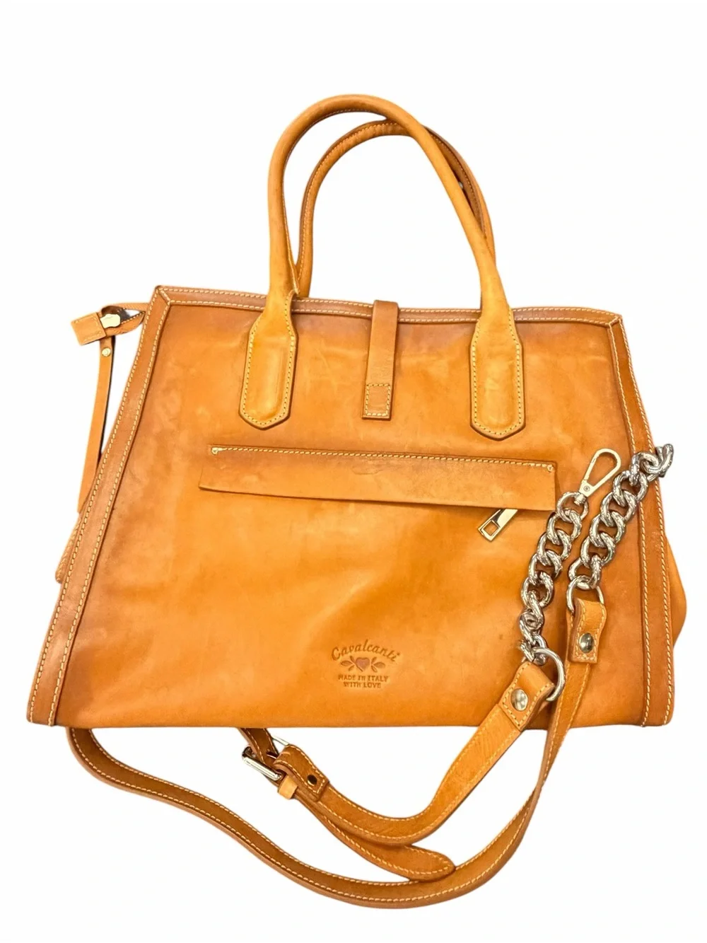 Cavalcanti Italian Satchel Shoulder Bag Cognac Brown Burnished Leather Western
